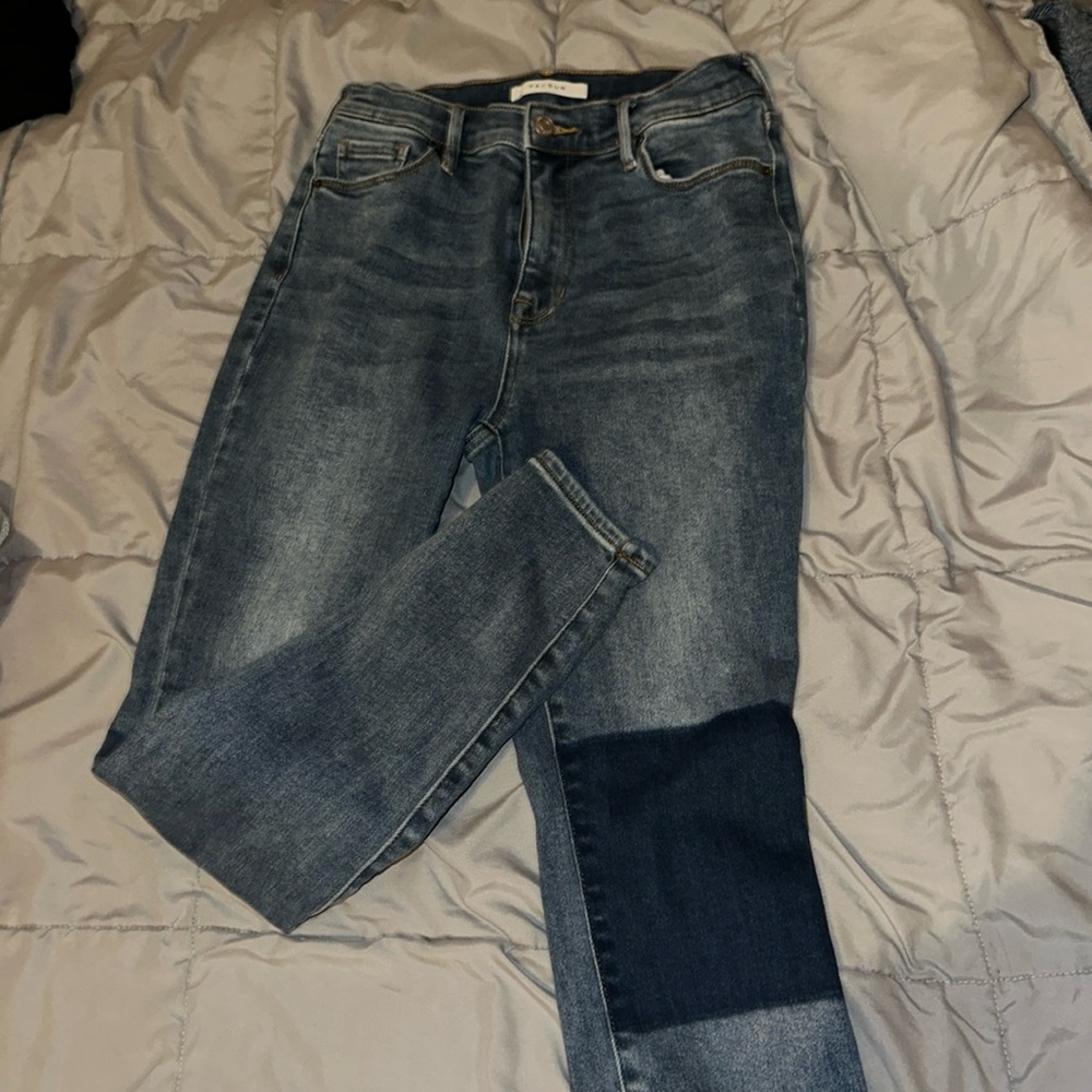 High-waisted patchwork blue jeans